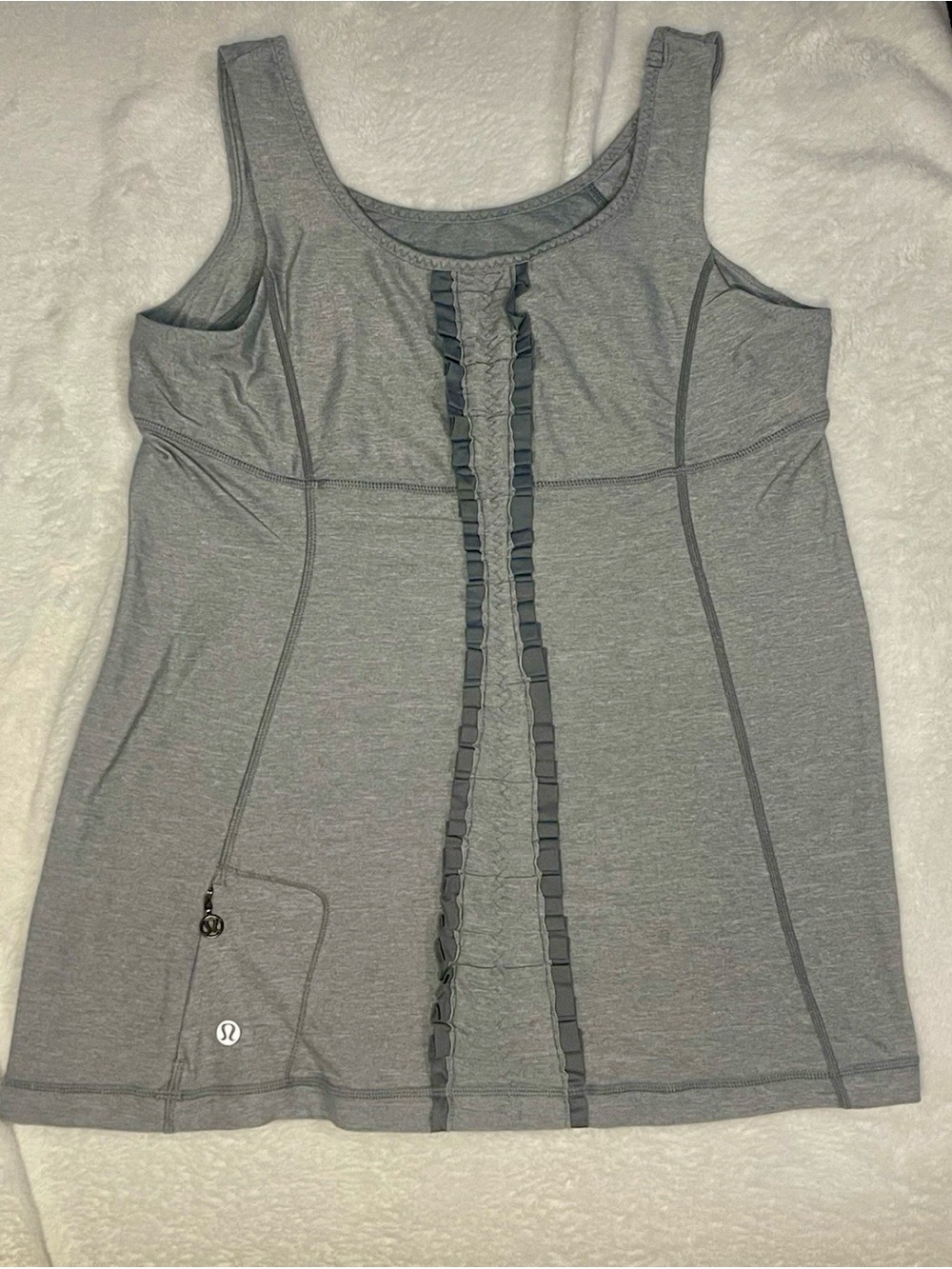 Lululemon Run Free Tank 10 Gray Ruffle Back Running Yoga Workout Top Pocket
